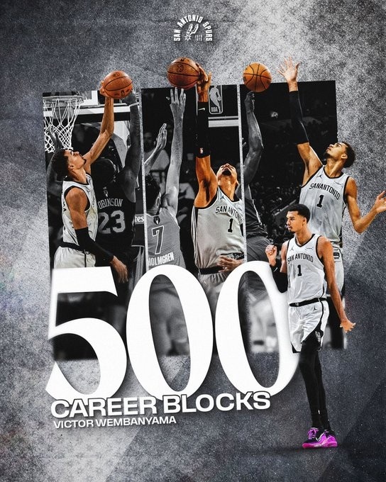 五大联赛直播-文班亚马生涯盖帽数达到500 历史第二年轻&amp;143场历史第四快